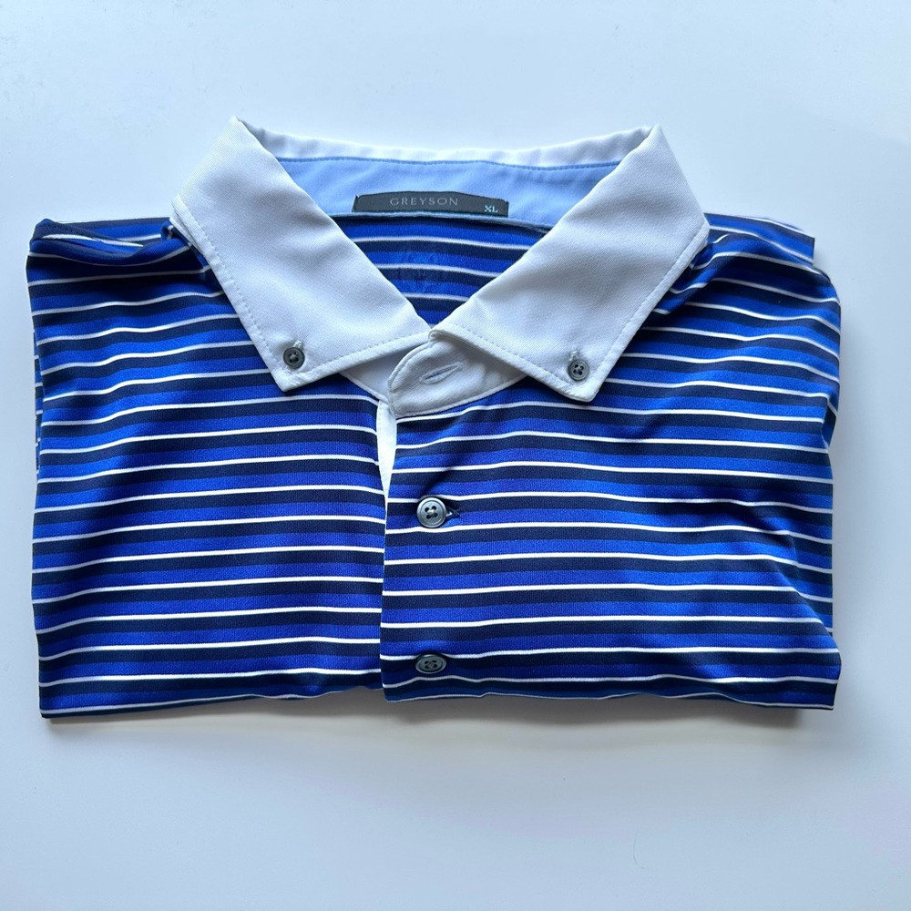 Greyson Men's Blue and White Striped Polo